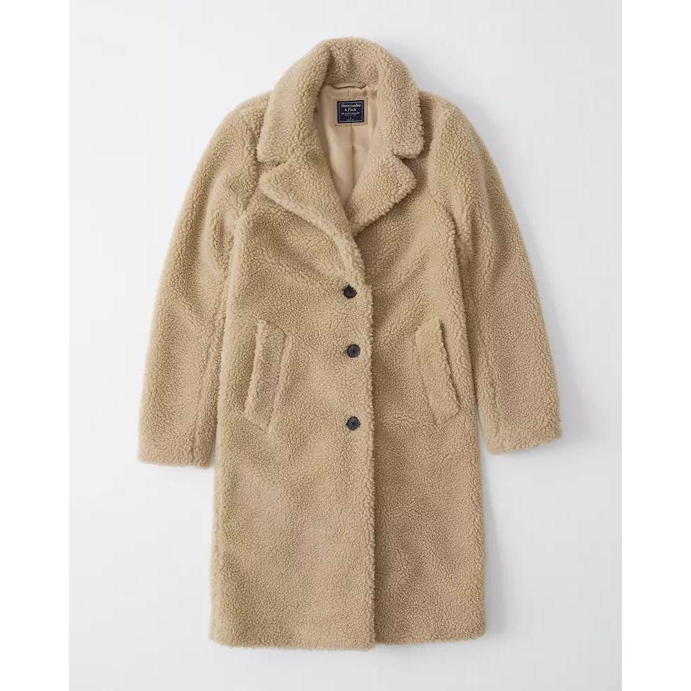 Abercrombie & Fitch Women Tan Sherpa Teddy Coat Longline Button Front XS